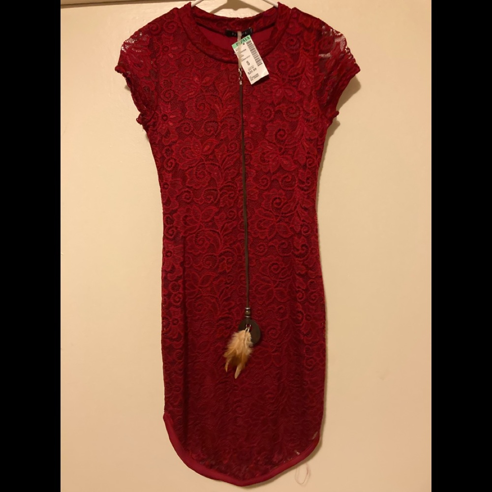 Papaya Red Lace Dress with Feather Necklace
